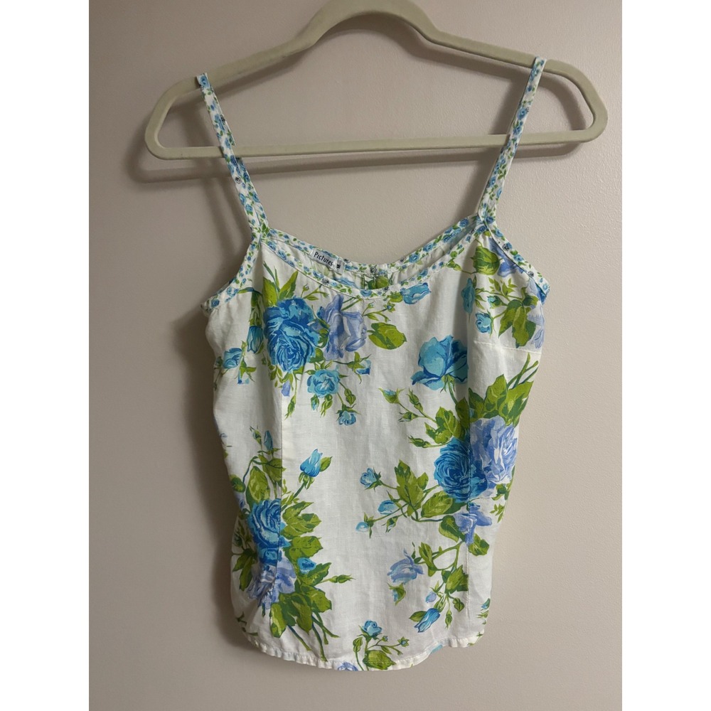 Vintage Y2K Floral Linen Camisole Top Blue Green Rose Button Front Size Medium